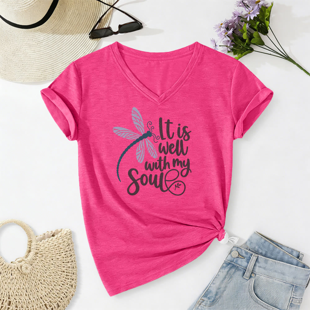 Christianartworkshop It Is Well With My Soul  Dragonfly Calligraphy Print Casual V-neck T-shirt - Rose - 2XL - image 24