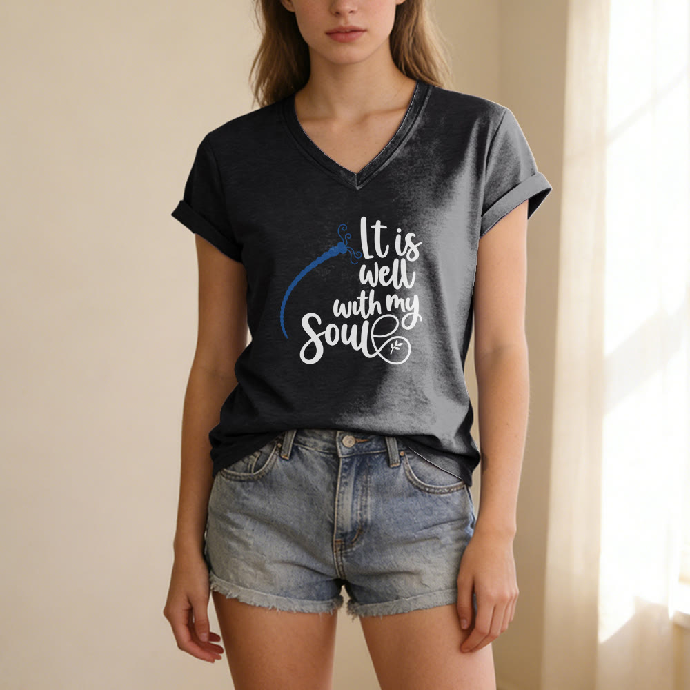 Christianartworkshop It Is Well With My Soul  Dragonfly Calligraphy Print Casual V-neck T-shirt - image 13