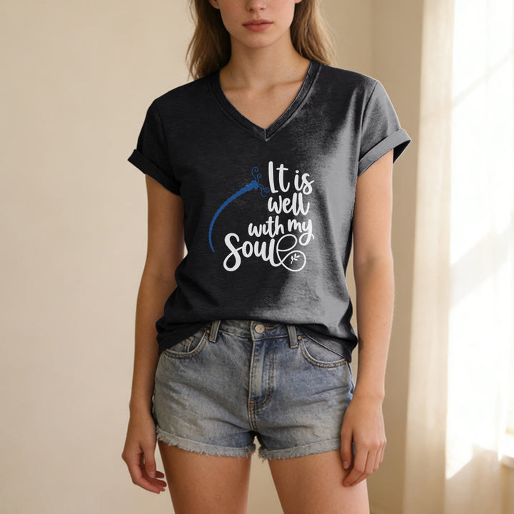 Christianartworkshop It Is Well With My Soul  Dragonfly Calligraphy Print Casual V-neck T-shirt - image 13
