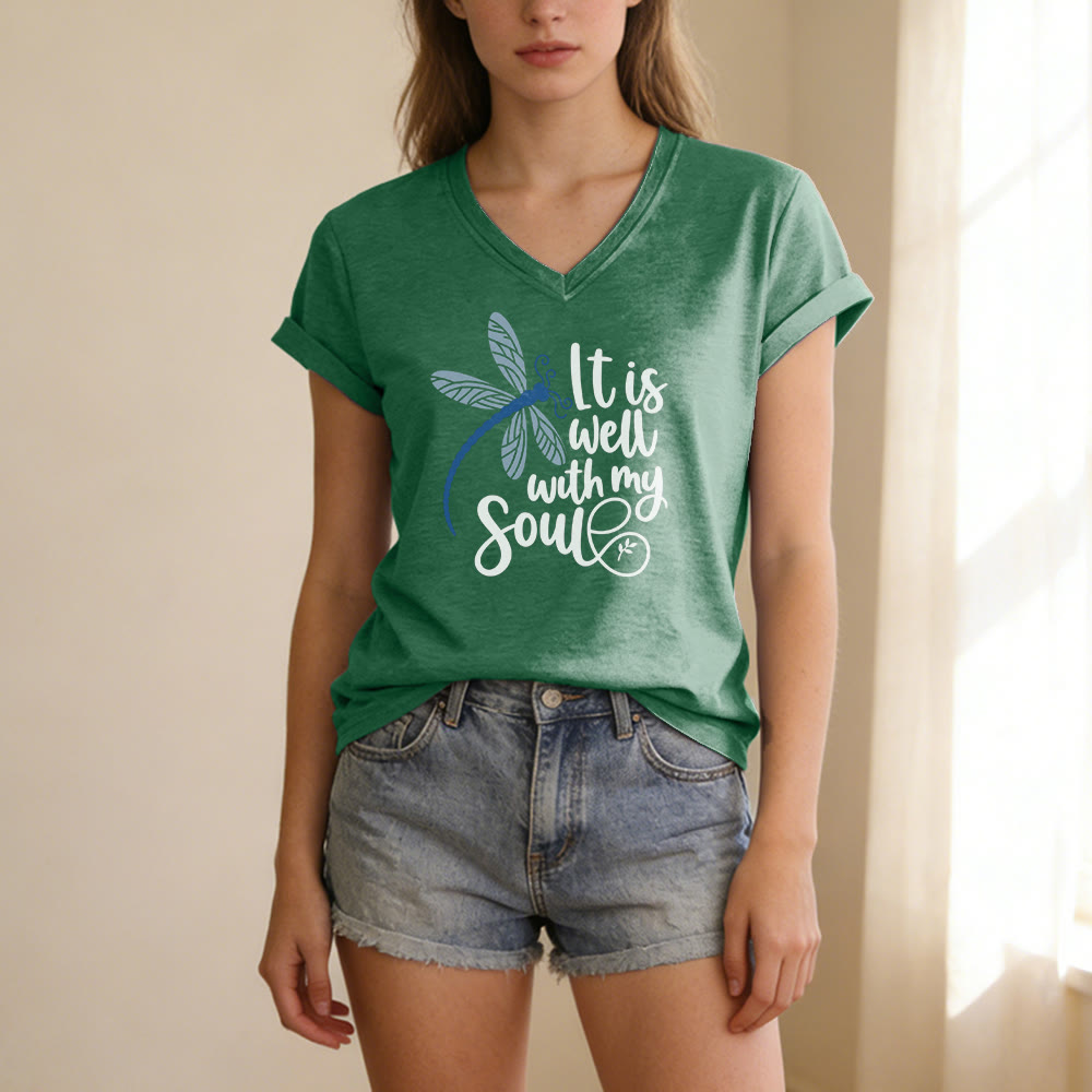 Christianartworkshop It Is Well With My Soul  Dragonfly Calligraphy Print Casual V-neck T-shirt - image 15