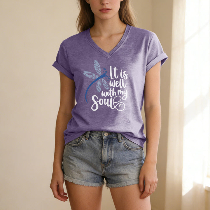 Christianartworkshop It Is Well With My Soul  Dragonfly Calligraphy Print Casual V-neck T-shirt - image 17