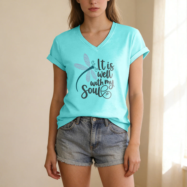 Christianartworkshop It Is Well With My Soul  Dragonfly Calligraphy Print Casual V-neck T-shirt - image 9