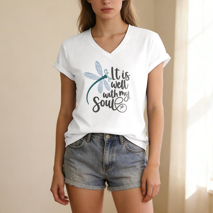 Christianartworkshop It Is Well With My Soul  Dragonfly Calligraphy Print Casual V-neck T-shirt - image 7