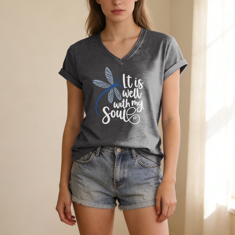 Christianartworkshop It Is Well With My Soul  Dragonfly Calligraphy Print Casual V-neck T-shirt - image 21