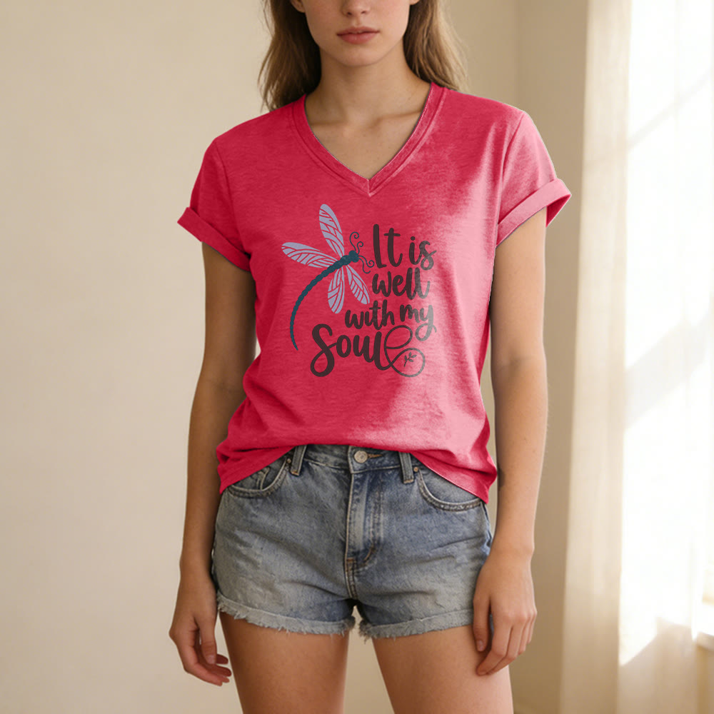 Christianartworkshop It Is Well With My Soul  Dragonfly Calligraphy Print Casual V-neck T-shirt - image 23