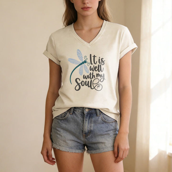 Christianartworkshop It Is Well With My Soul  Dragonfly Calligraphy Print Casual V-neck T-shirt - image 3