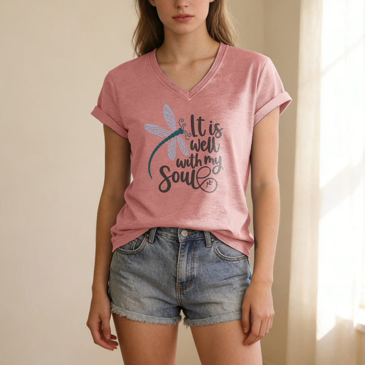 Christianartworkshop It Is Well With My Soul  Dragonfly Calligraphy Print Casual V-neck T-shirt - image 11