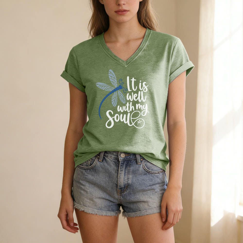 Christianartworkshop It Is Well With My Soul  Dragonfly Calligraphy Print Casual V-neck T-shirt - image 5