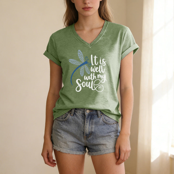Christianartworkshop It Is Well With My Soul  Dragonfly Calligraphy Print Casual V-neck T-shirt - image 5