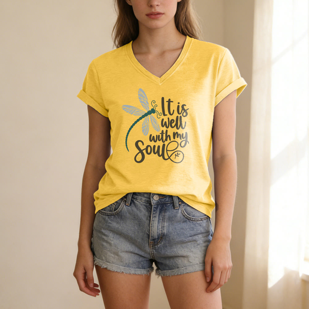 Christianartworkshop It Is Well With My Soul  Dragonfly Calligraphy Print Casual V-neck T-shirt - image 1