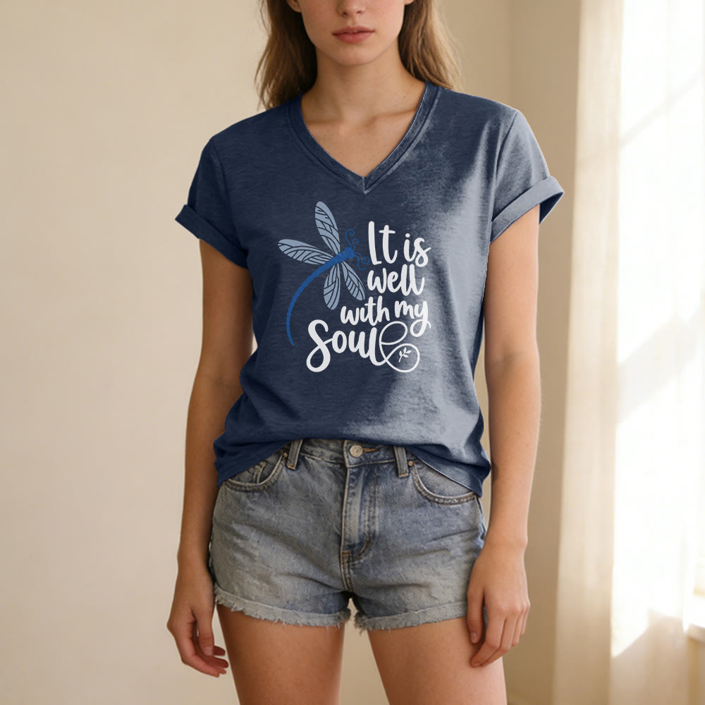 Christianartworkshop It Is Well With My Soul  Dragonfly Calligraphy Print Casual V-neck T-shirt - image 19