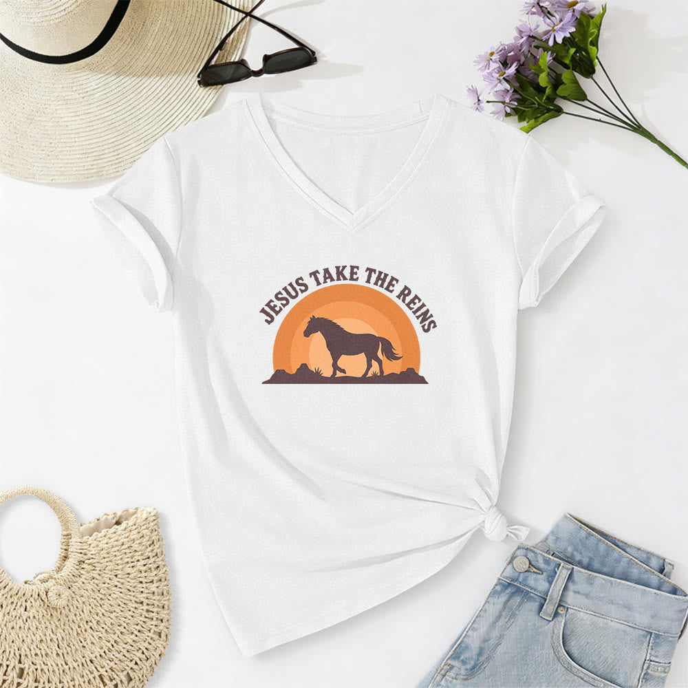 Christianartworkshop “Jesus Take The Reins” Horse Sunset Print Casual V-neck T-shirt - White - 2XL - image 8
