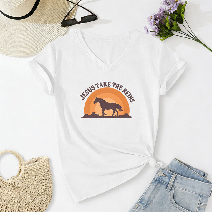 Christianartworkshop “Jesus Take The Reins” Horse Sunset Print Casual V-neck T-shirt - White - 2XL - image 8