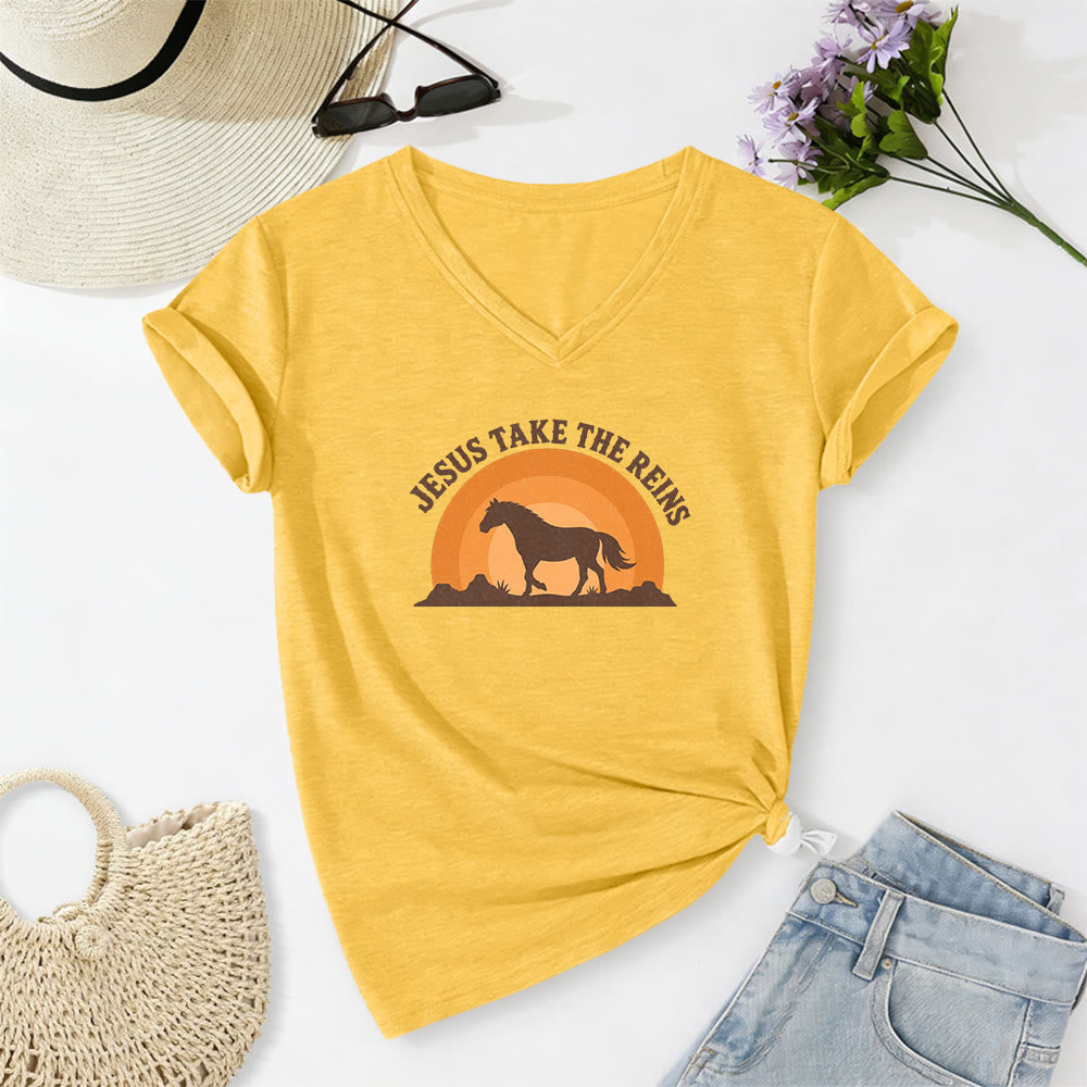 Christianartworkshop “Jesus Take The Reins” Horse Sunset Print Casual V-neck T-shirt - Yellow - 2XL - image 4