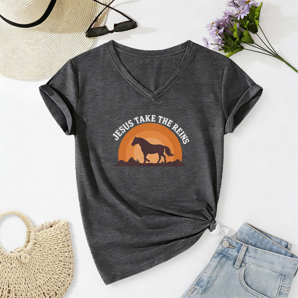 Christianartworkshop “Jesus Take The Reins” Horse Sunset Print Casual V-neck T-shirt - Dark Grey - 2XL - image 22
