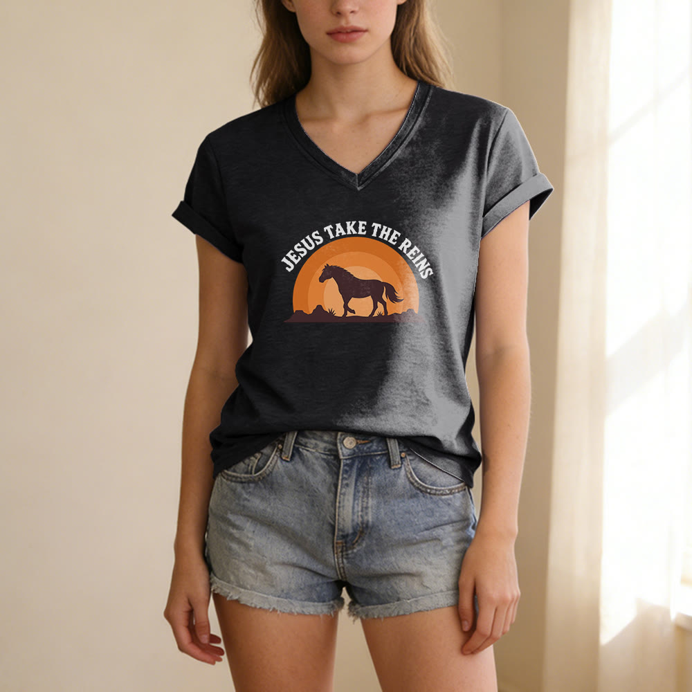 Christianartworkshop “Jesus Take The Reins” Horse Sunset Print Casual V-neck T-shirt - image 15