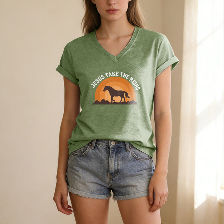 Christianartworkshop “Jesus Take The Reins” Horse Sunset Print Casual V-neck T-shirt - image 7
