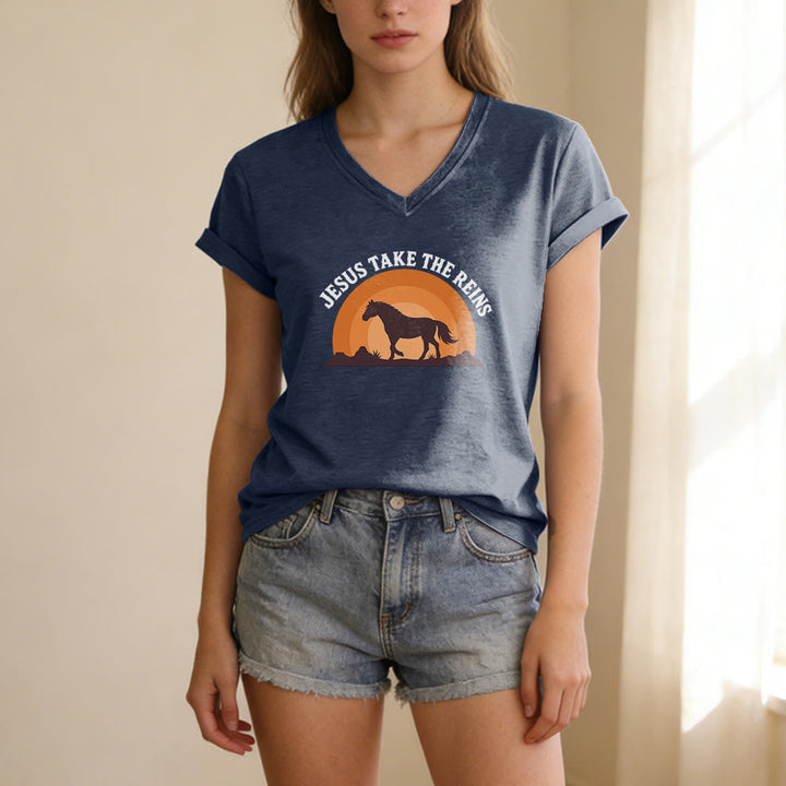 Christianartworkshop “Jesus Take The Reins” Horse Sunset Print Casual V-neck T-shirt - image 21
