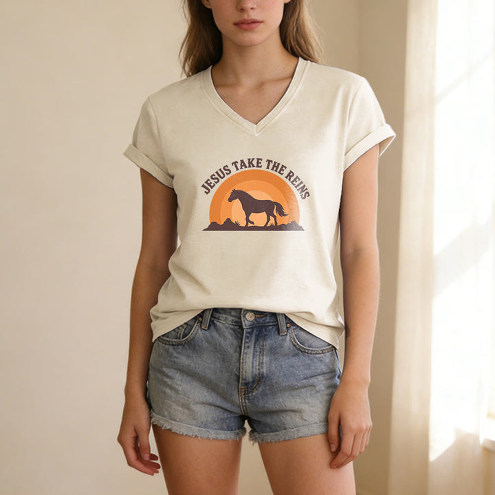 Christianartworkshop “Jesus Take The Reins” Horse Sunset Print Casual V-neck T-shirt - image 3