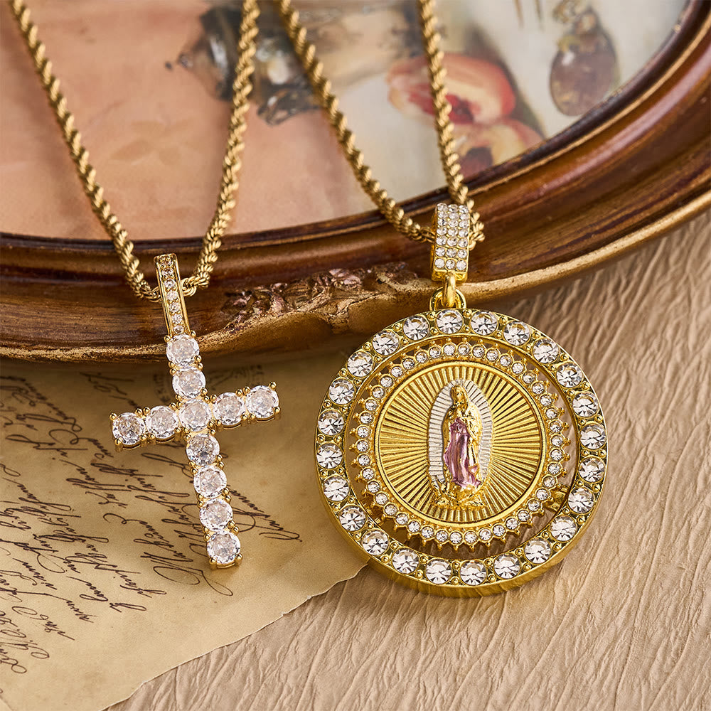 FREE Today: Our Lady of Guadalupe Medallion Necklace with Double Zircon Halo: A Reminder of Divine Grace - Our Lady & Cross - image 0