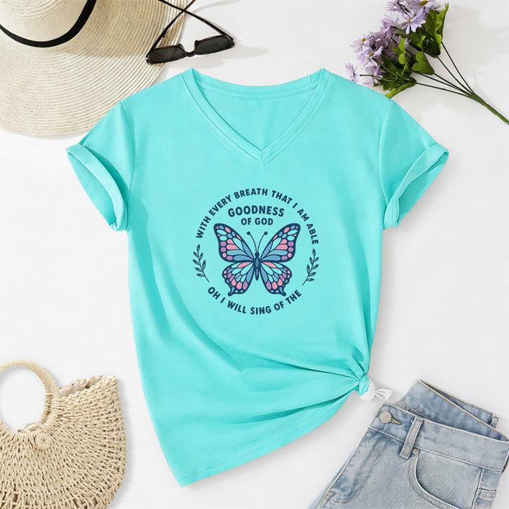 Christianartworkshop Sing of the Goodness of God Butterfly Print Casual V-neck T-shirt - Sky Blue - 2XL - image 10