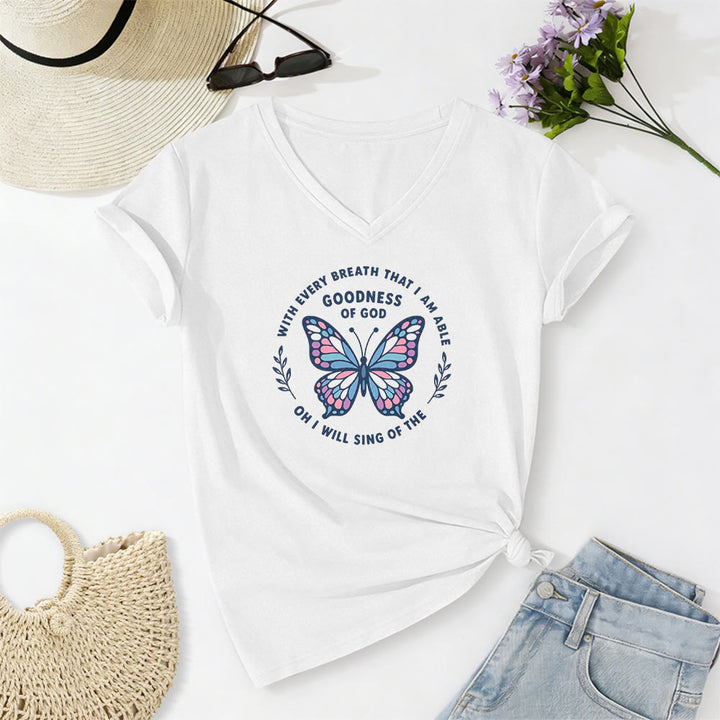 Christianartworkshop Sing of the Goodness of God Butterfly Print Casual V-neck T-shirt - White - 2XL - image 8