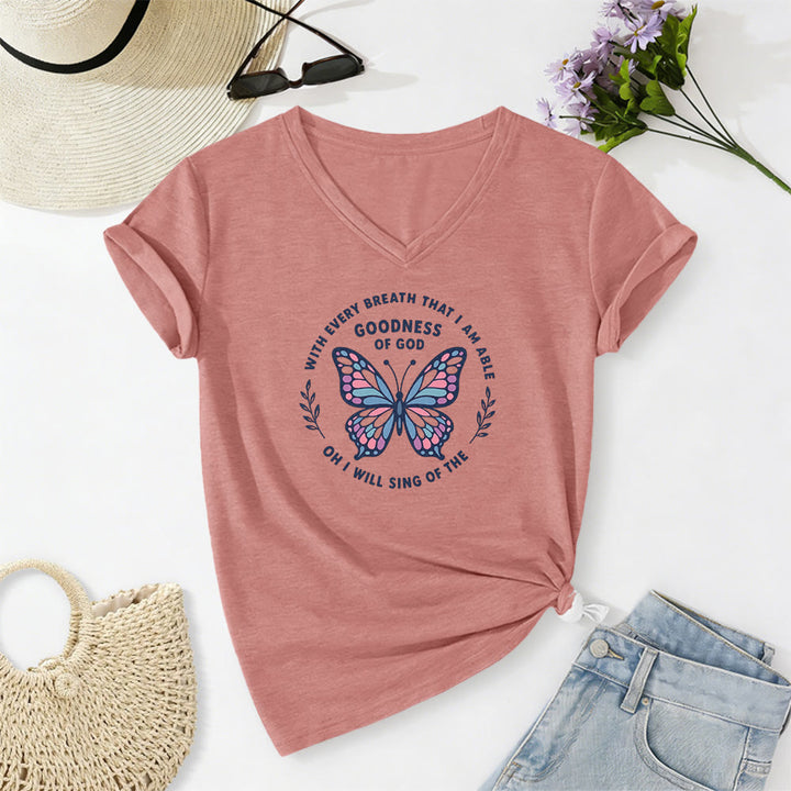 Christianartworkshop Sing of the Goodness of God Butterfly Print Casual V-neck T-shirt - Light Pink - 2XL - image 12