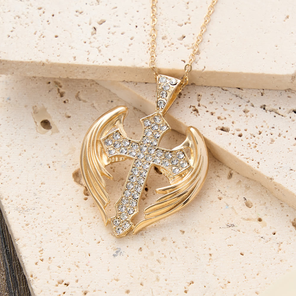Christianartworkshop Gold-Tone Angel Wing Cross Pendant Necklace with Zircon Stones: A Symbol of Divine Protection - image 2