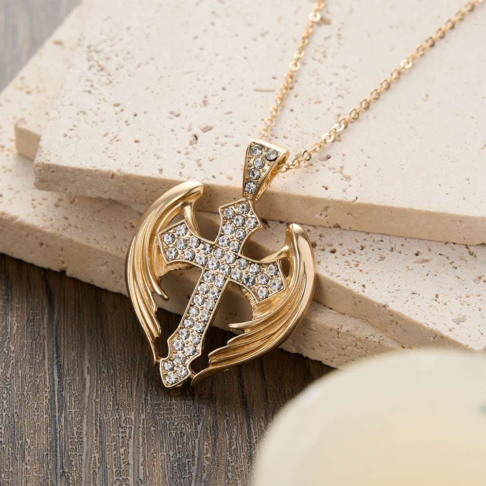Christianartworkshop Gold-Tone Angel Wing Cross Pendant Necklace with Zircon Stones: A Symbol of Divine Protection - image 1
