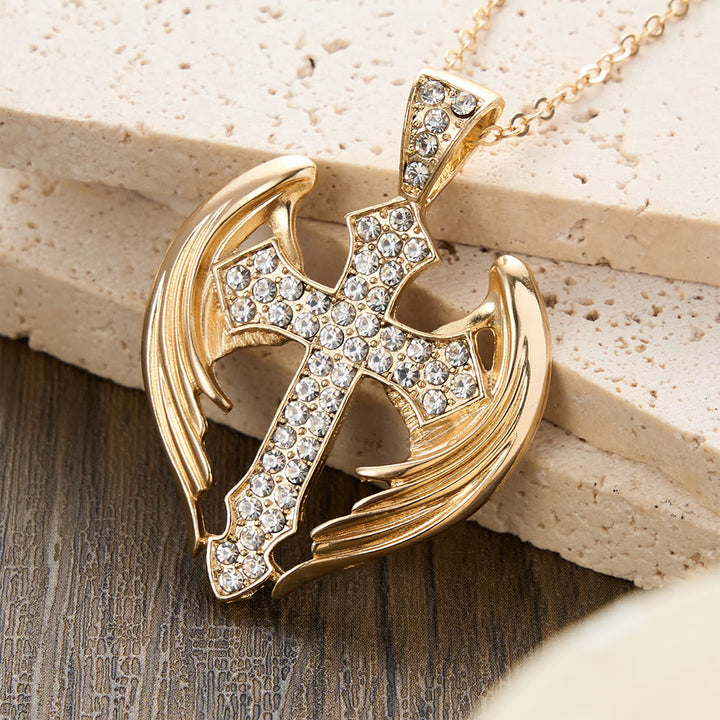 FREE Today: Gold-Tone Angel Wing Cross Pendant Necklace with Zircon Stones: A Symbol of Divine Protection - Wing & Cross - image 0