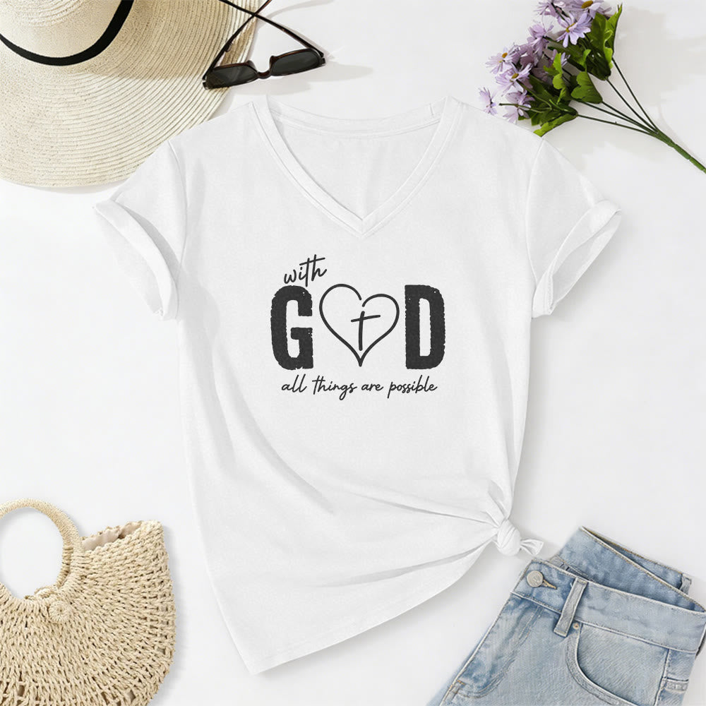 Christianartworkshop With God All Things Are Possible Heart Cross Print Casual V-neck T-shirt - White - 2XL - image 6