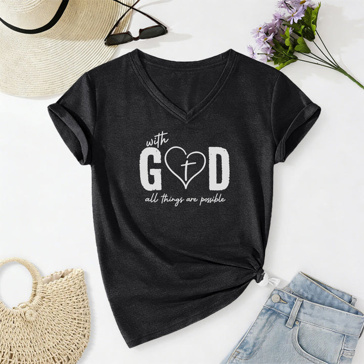 Christianartworkshop With God All Things Are Possible Heart Cross Print Casual V-neck T-shirt - Black - 2XL - image 12