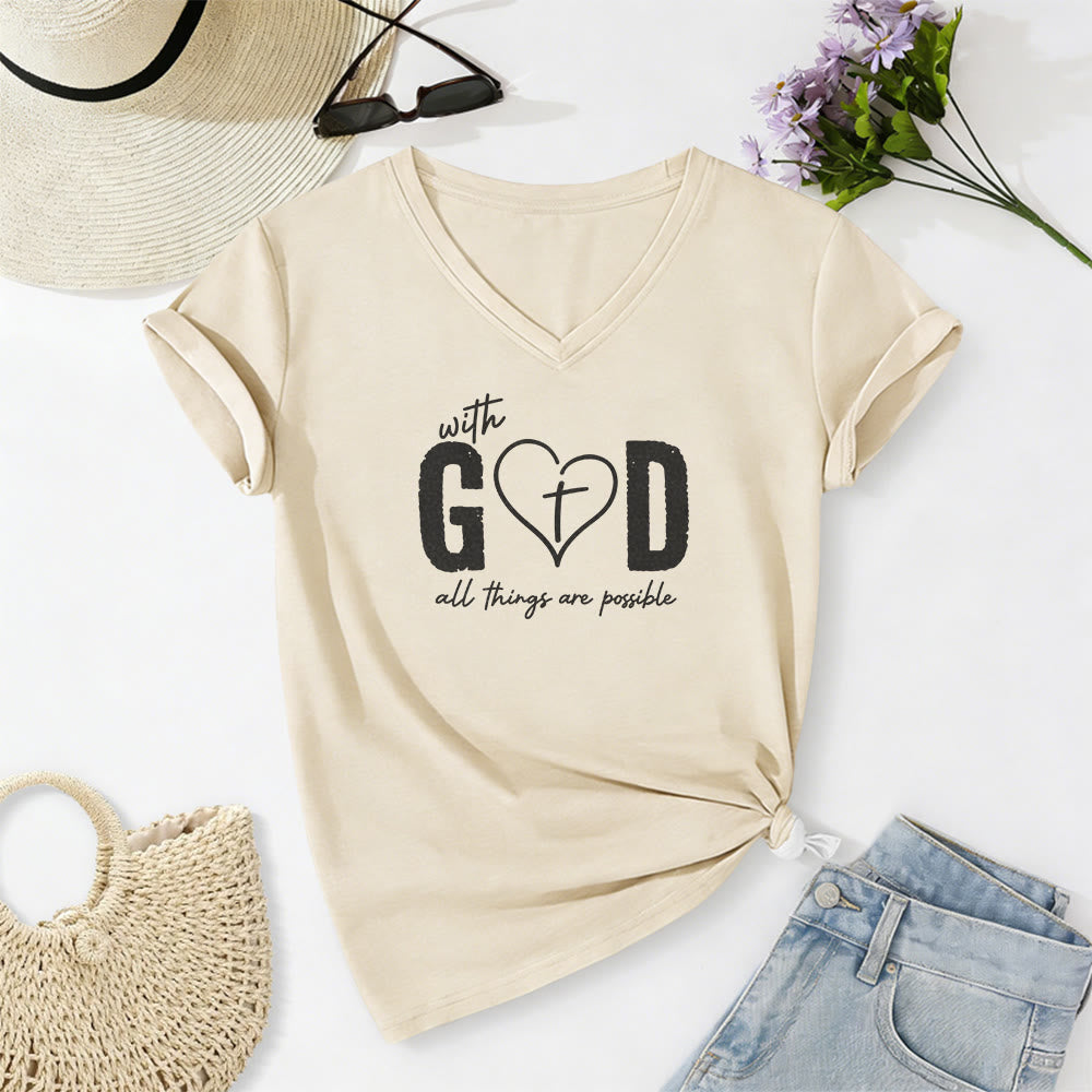 Christianartworkshop With God All Things Are Possible Heart Cross Print Casual V-neck T-shirt - Beige - 2XL - image 0