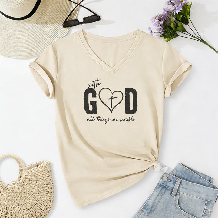 Christianartworkshop With God All Things Are Possible Heart Cross Print Casual V-neck T-shirt - Beige - 2XL - image 0