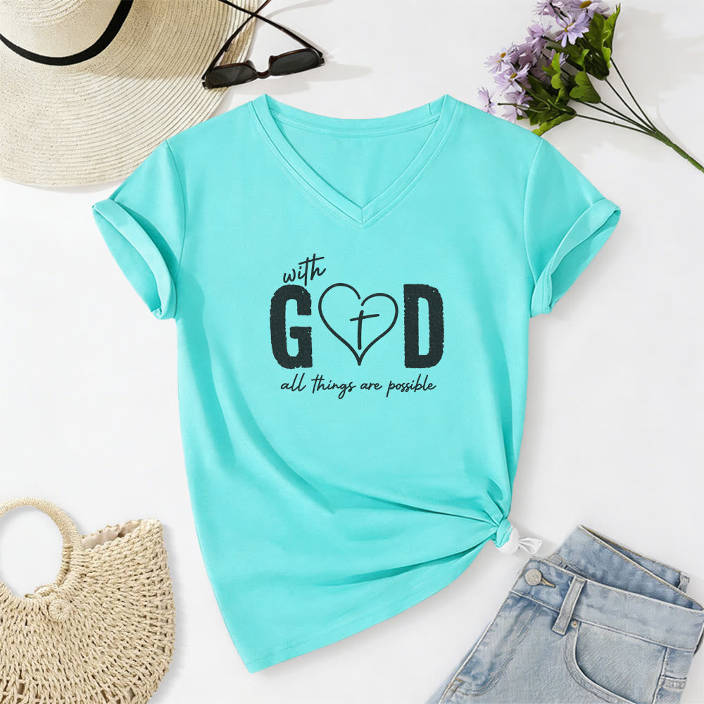 Christianartworkshop With God All Things Are Possible Heart Cross Print Casual V-neck T-shirt - Sky Blue - 2XL - image 8