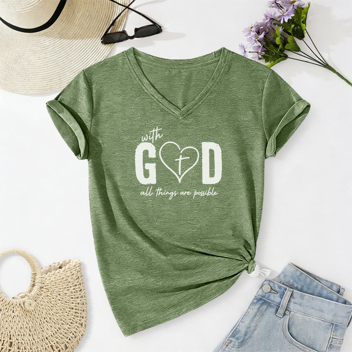 Christianartworkshop With God All Things Are Possible Heart Cross Print Casual V-neck T-shirt - Olive Green - 2XL - image 4