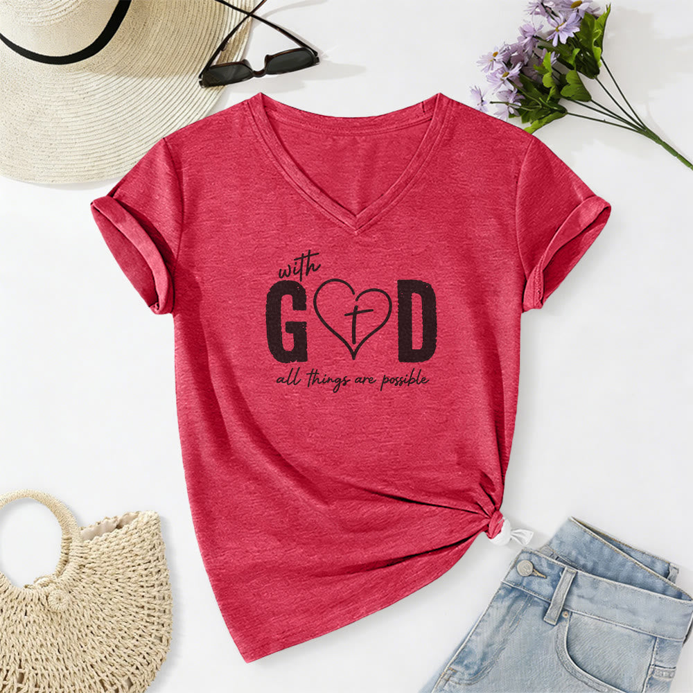 Christianartworkshop With God All Things Are Possible Heart Cross Print Casual V-neck T-shirt - Red - 2XL - image 22