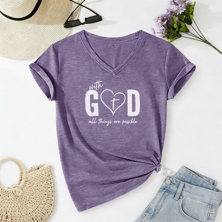Christianartworkshop With God All Things Are Possible Heart Cross Print Casual V-neck T-shirt - Purple - 2XL - image 16