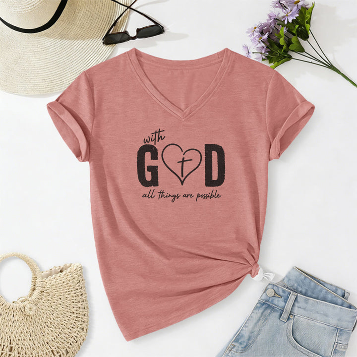 Christianartworkshop With God All Things Are Possible Heart Cross Print Casual V-neck T-shirt - Light Pink - 2XL - image 10