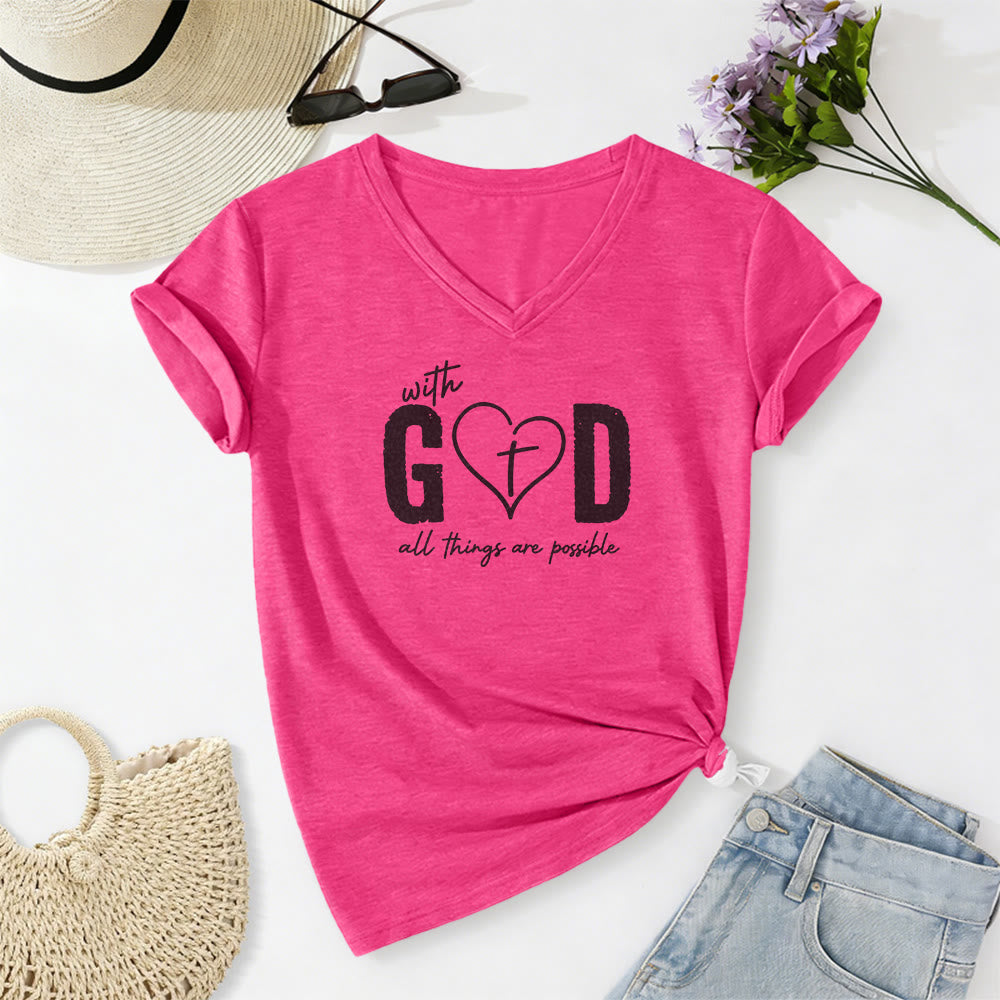 Christianartworkshop With God All Things Are Possible Heart Cross Print Casual V-neck T-shirt - Rose - 2XL - image 24