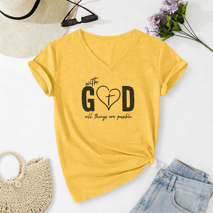Christianartworkshop With God All Things Are Possible Heart Cross Print Casual V-neck T-shirt - Yellow - 2XL - image 2