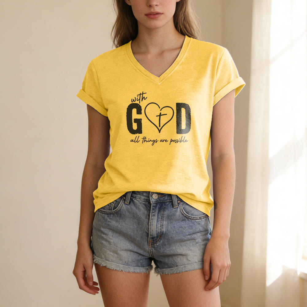 Christianartworkshop With God All Things Are Possible Heart Cross Print Casual V-neck T-shirt - image 3