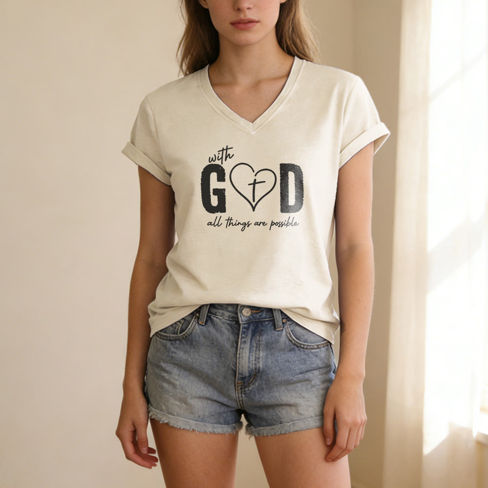 Christianartworkshop With God All Things Are Possible Heart Cross Print Casual V-neck T-shirt - image 1