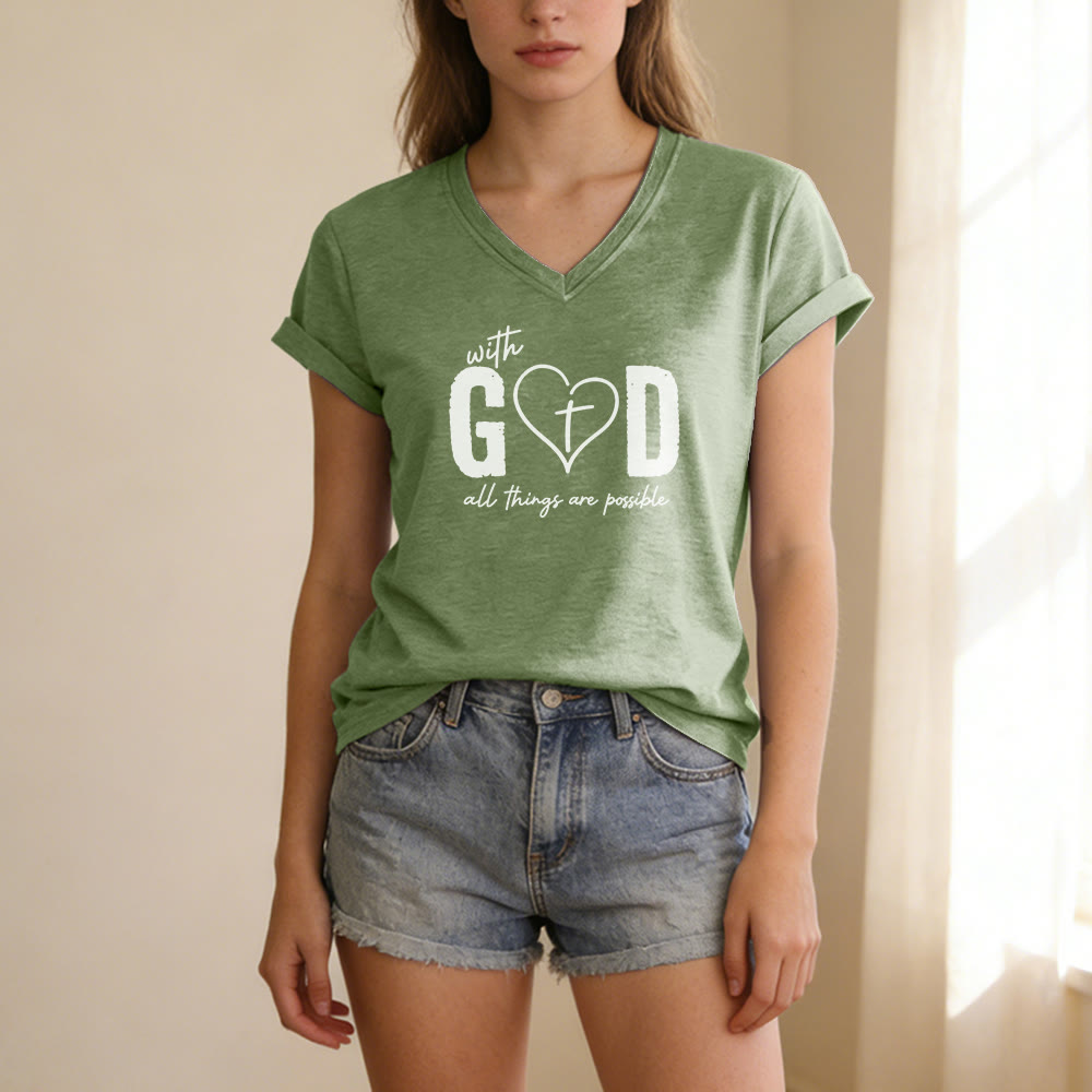 Christianartworkshop With God All Things Are Possible Heart Cross Print Casual V-neck T-shirt - image 5