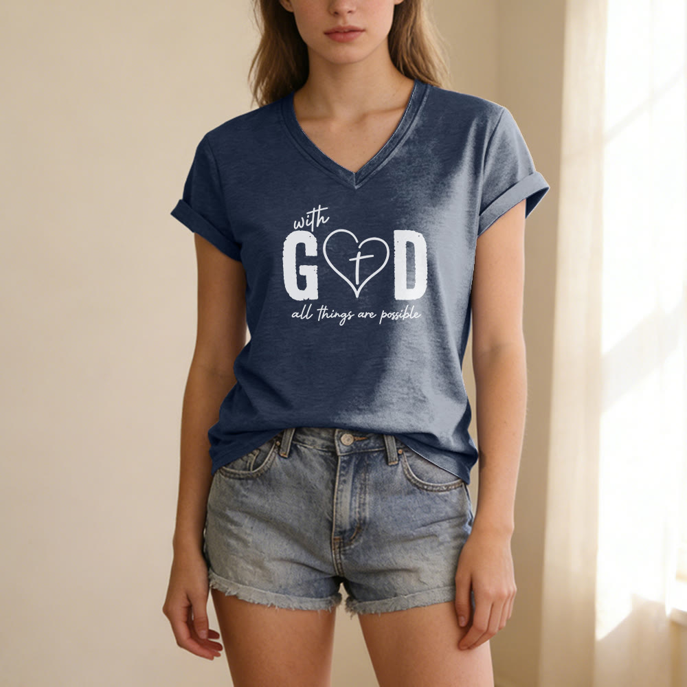 Christianartworkshop With God All Things Are Possible Heart Cross Print Casual V-neck T-shirt - image 19