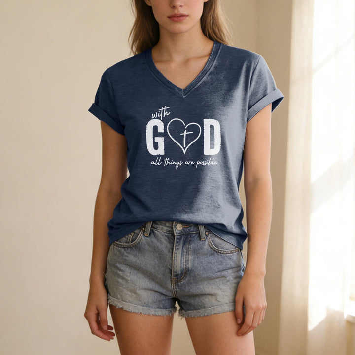 Christianartworkshop With God All Things Are Possible Heart Cross Print Casual V-neck T-shirt - image 19