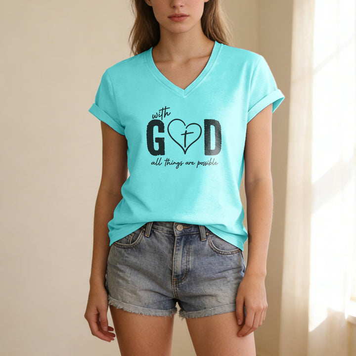 Christianartworkshop With God All Things Are Possible Heart Cross Print Casual V-neck T-shirt - image 9