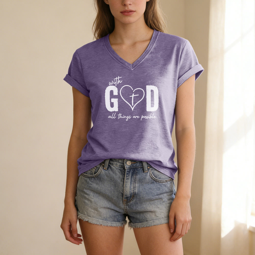 Christianartworkshop With God All Things Are Possible Heart Cross Print Casual V-neck T-shirt - image 17