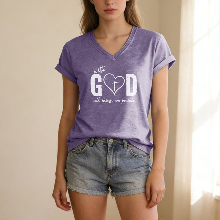 Christianartworkshop With God All Things Are Possible Heart Cross Print Casual V-neck T-shirt - image 17