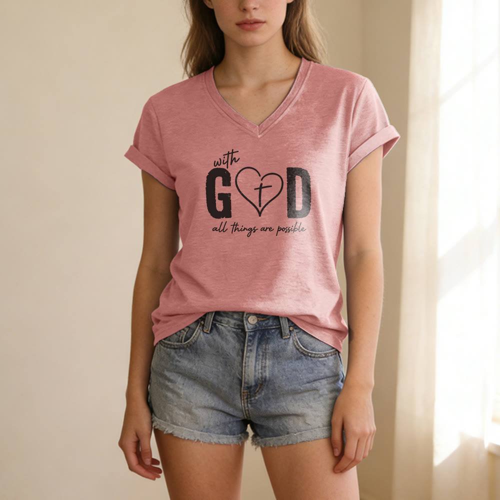 Christianartworkshop With God All Things Are Possible Heart Cross Print Casual V-neck T-shirt - image 11